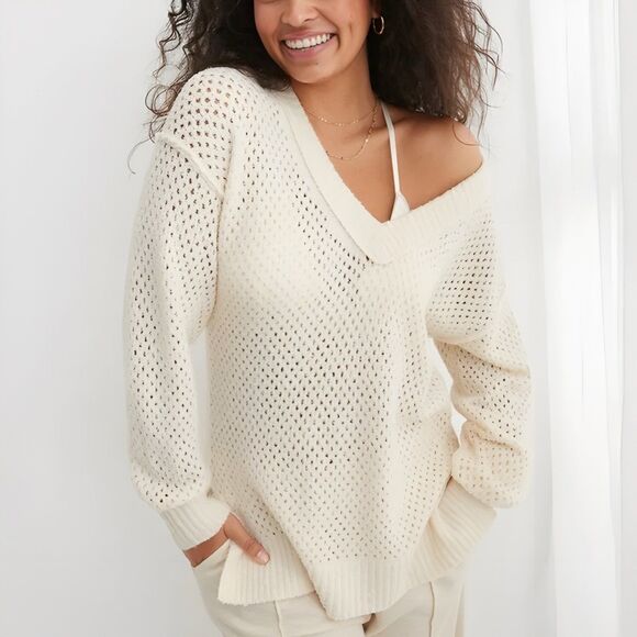 Aerie Open Weave Oversized V-Neck Sweater Cream size Small - Picture 1 of 5
